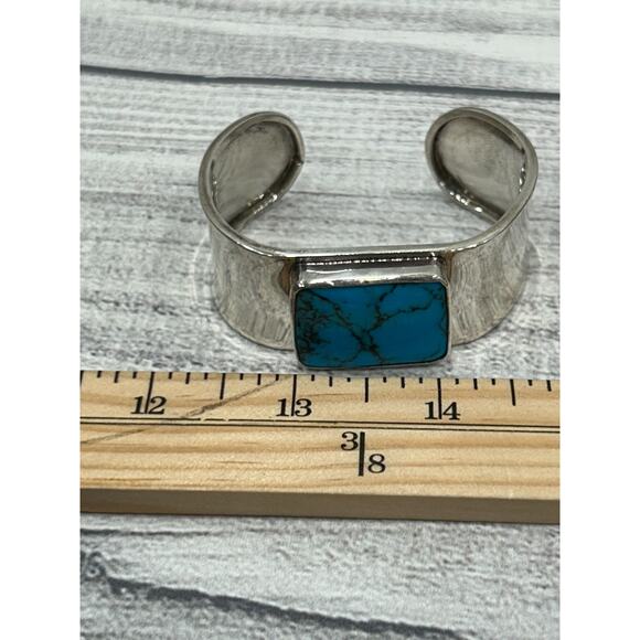 925 Sterling Silver Taxco Wide Cuff Bracelet Turquoise Rectangular Stone Vintage - Picture 9 of 9